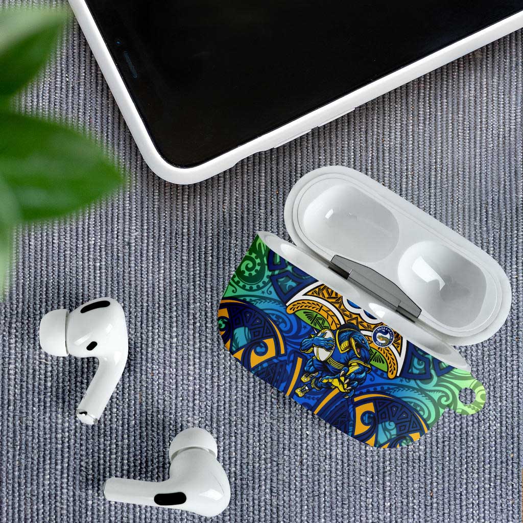 Parramatta Eels Rugby AirPods Case Polynesian Tribal Eel Warrior Blue Gold Pattern