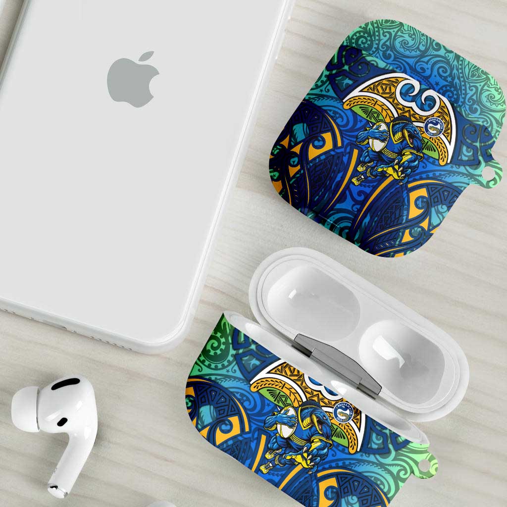 Parramatta Eels Rugby AirPods Case Polynesian Tribal Eel Warrior Blue Gold Pattern