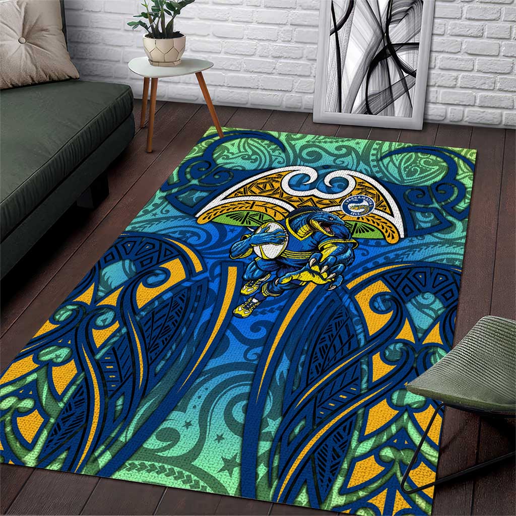Parramatta Eels Rugby Area Rug Polynesian Tribal Eel Warrior Blue Gold Pattern