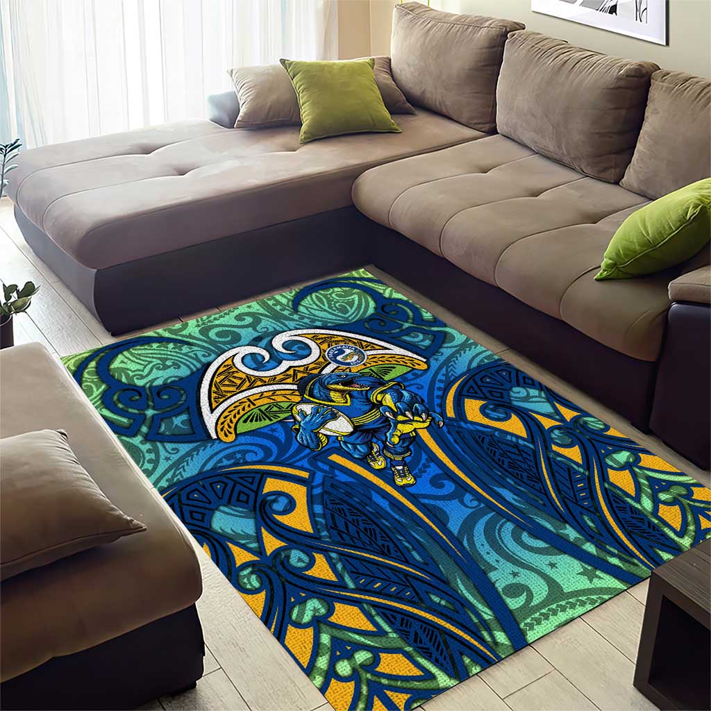 Parramatta Eels Rugby Area Rug Polynesian Tribal Eel Warrior Blue Gold Pattern