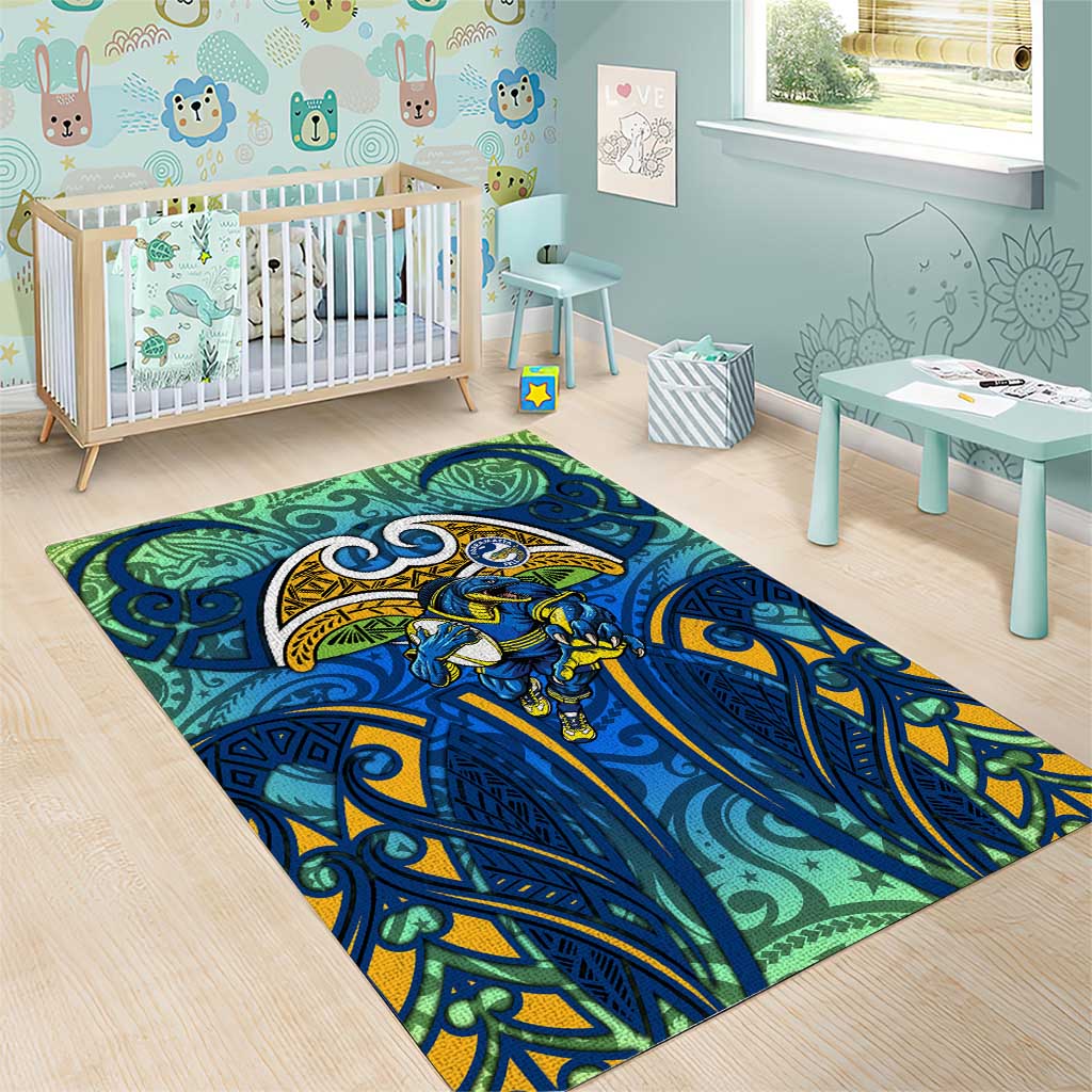 Parramatta Eels Rugby Area Rug Polynesian Tribal Eel Warrior Blue Gold Pattern