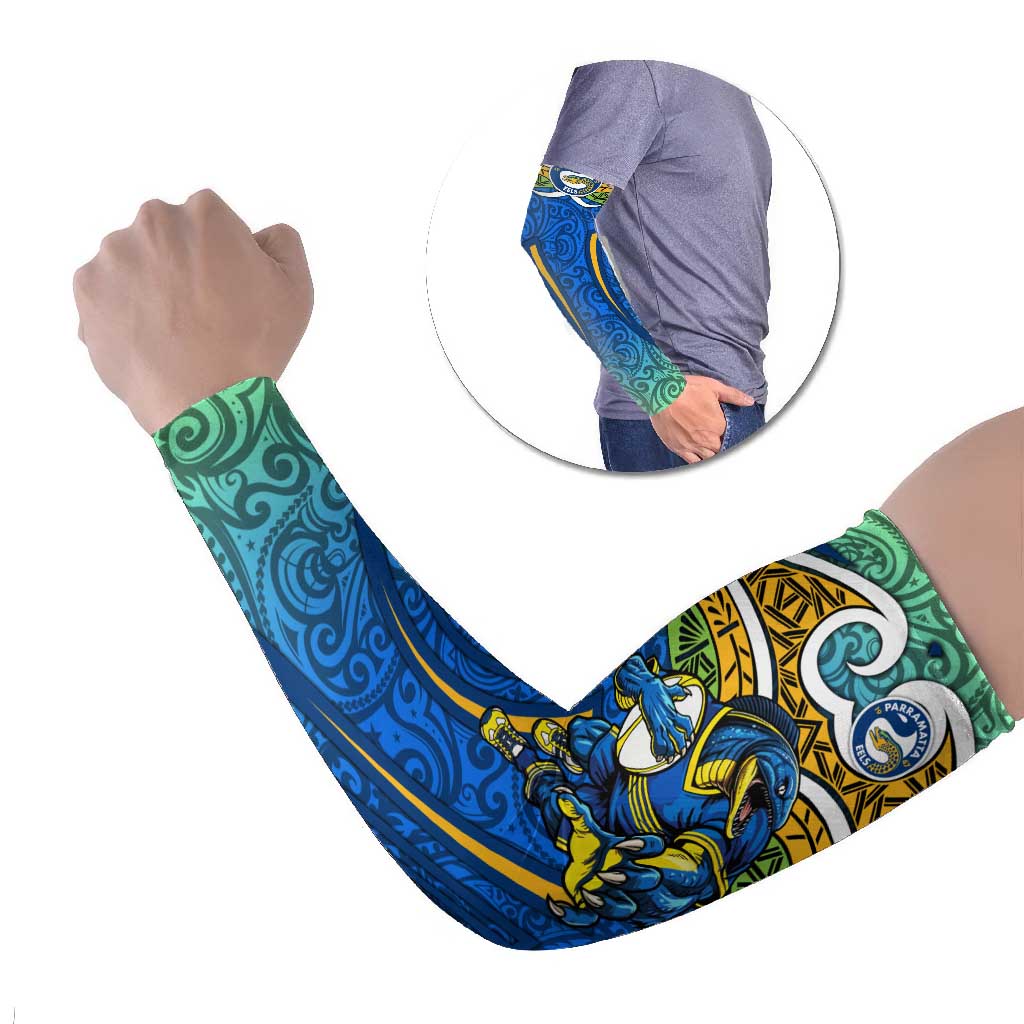 Parramatta Eels Rugby Arm Sleeves Polynesian Tribal Eel Warrior Blue Gold Pattern