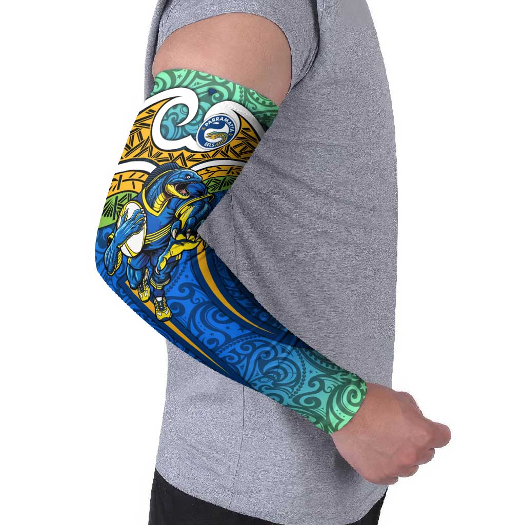 Parramatta Eels Rugby Arm Sleeves Polynesian Tribal Eel Warrior Blue Gold Pattern