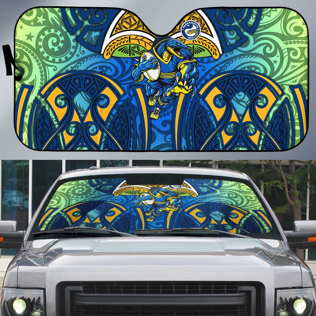 Parramatta Eels Rugby Auto Sun Shade Polynesian Tribal Eel Warrior Blue Gold Pattern