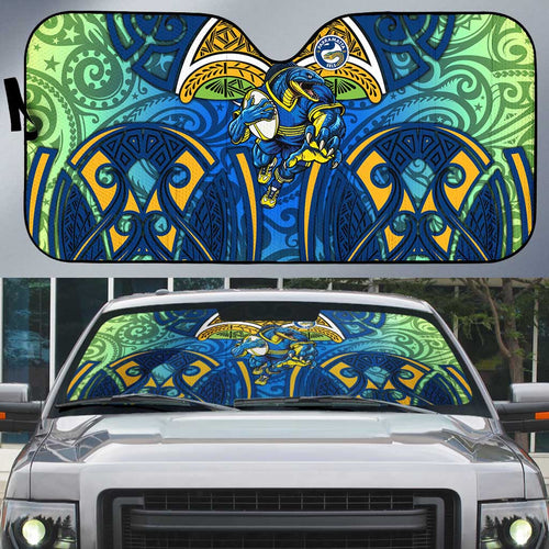 Parramatta Eels Rugby Auto Sun Shade Polynesian Tribal Eel Warrior Blue Gold Pattern