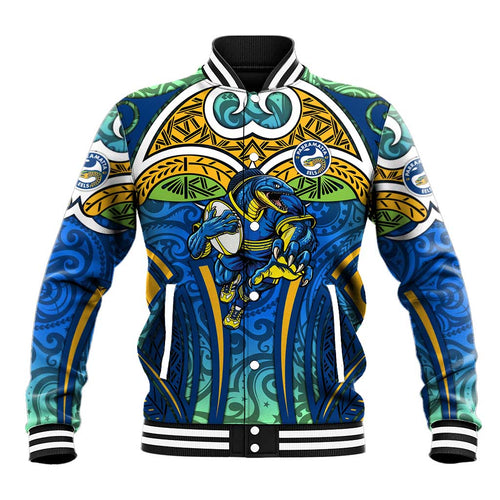 Parramatta Eels Rugby Baseball Jacket Polynesian Tribal Eel Warrior Blue Gold Pattern