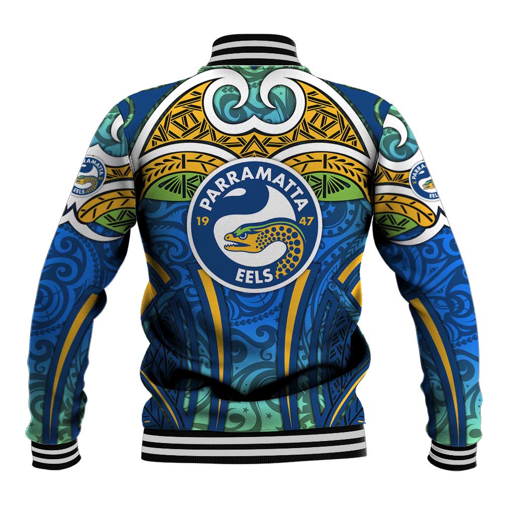 Parramatta Eels Rugby Baseball Jacket Polynesian Tribal Eel Warrior Blue Gold Pattern