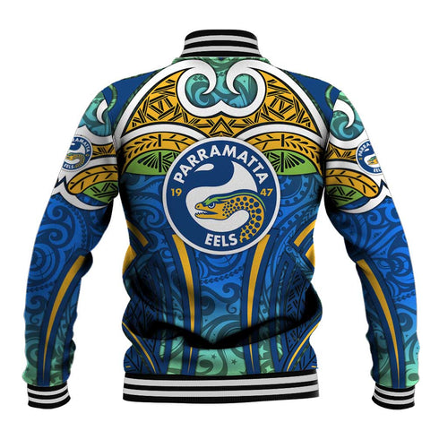 Parramatta Eels Rugby Baseball Jacket Polynesian Tribal Eel Warrior Blue Gold Pattern