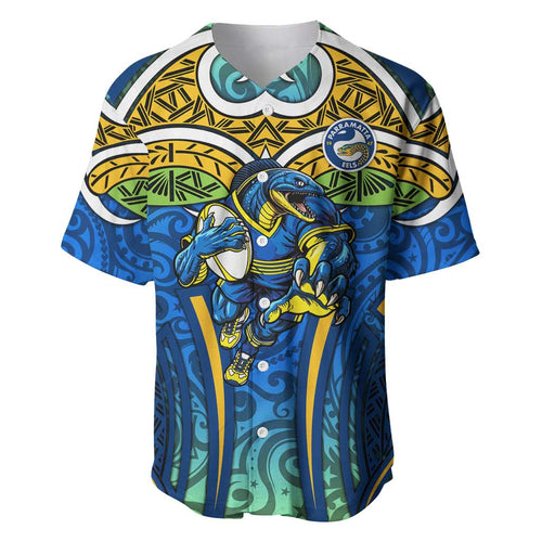 Parramatta Eels Rugby Baseball Jersey Polynesian Tribal Eel Warrior Blue Gold Pattern