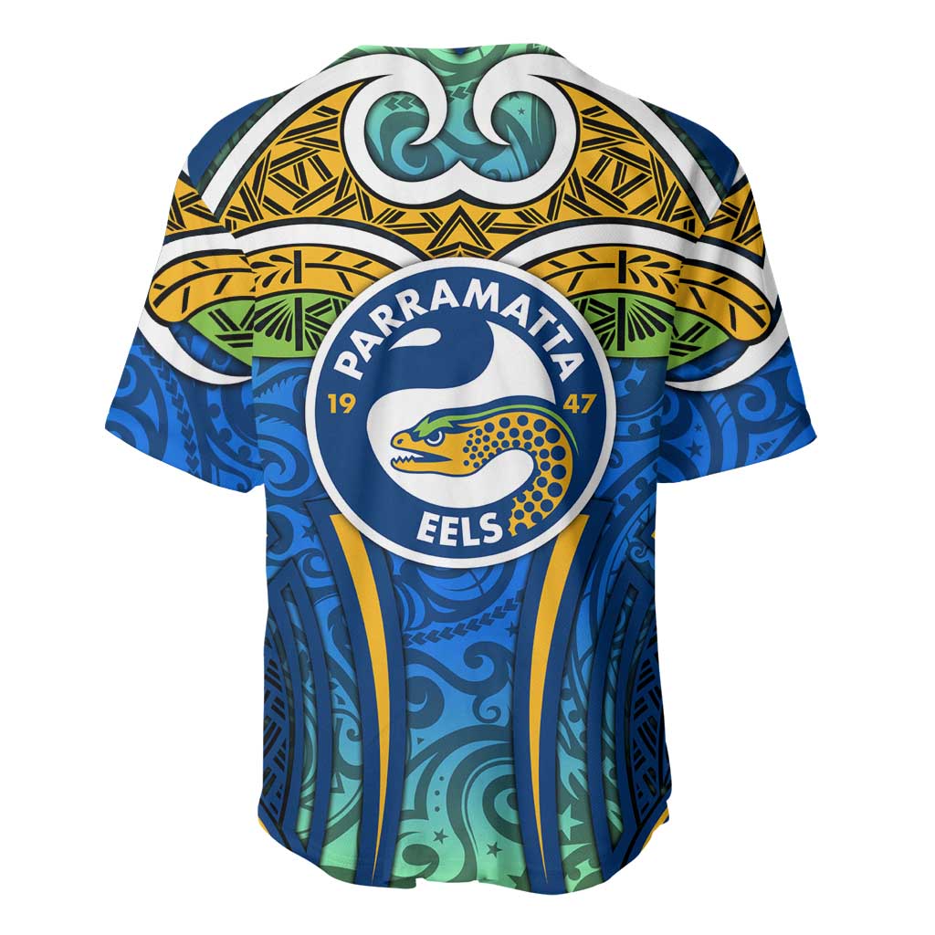 Parramatta Eels Rugby Baseball Jersey Polynesian Tribal Eel Warrior Blue Gold Pattern