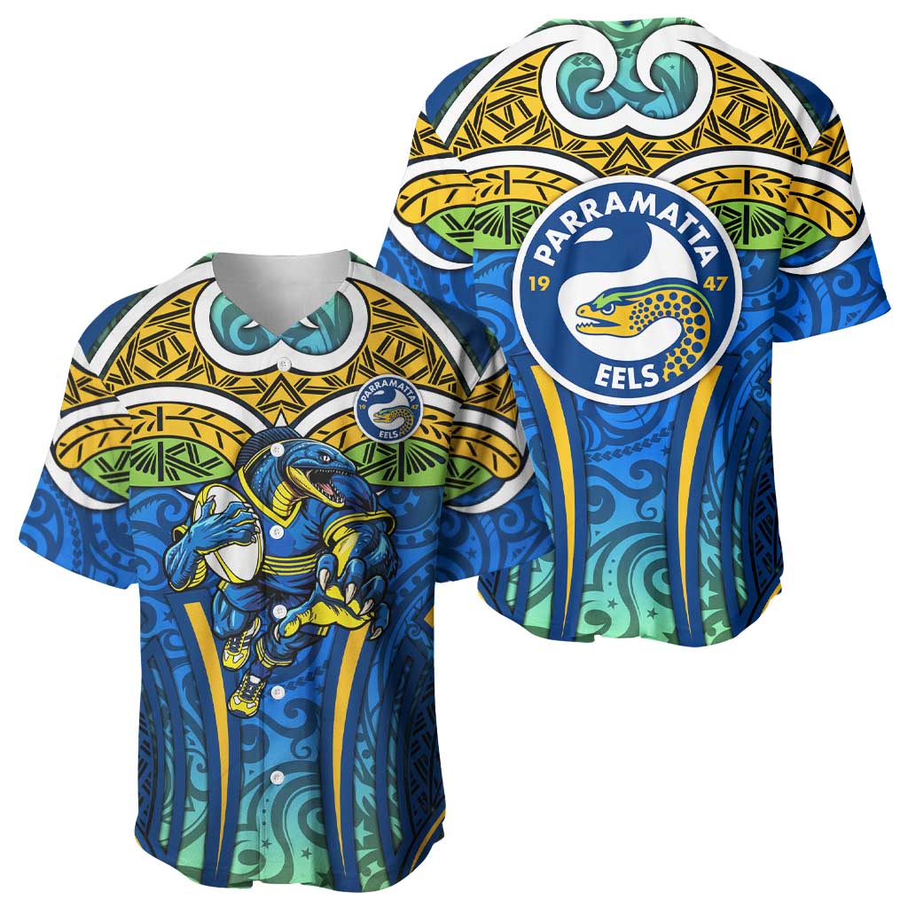 Parramatta Eels Rugby Baseball Jersey Polynesian Tribal Eel Warrior Blue Gold Pattern