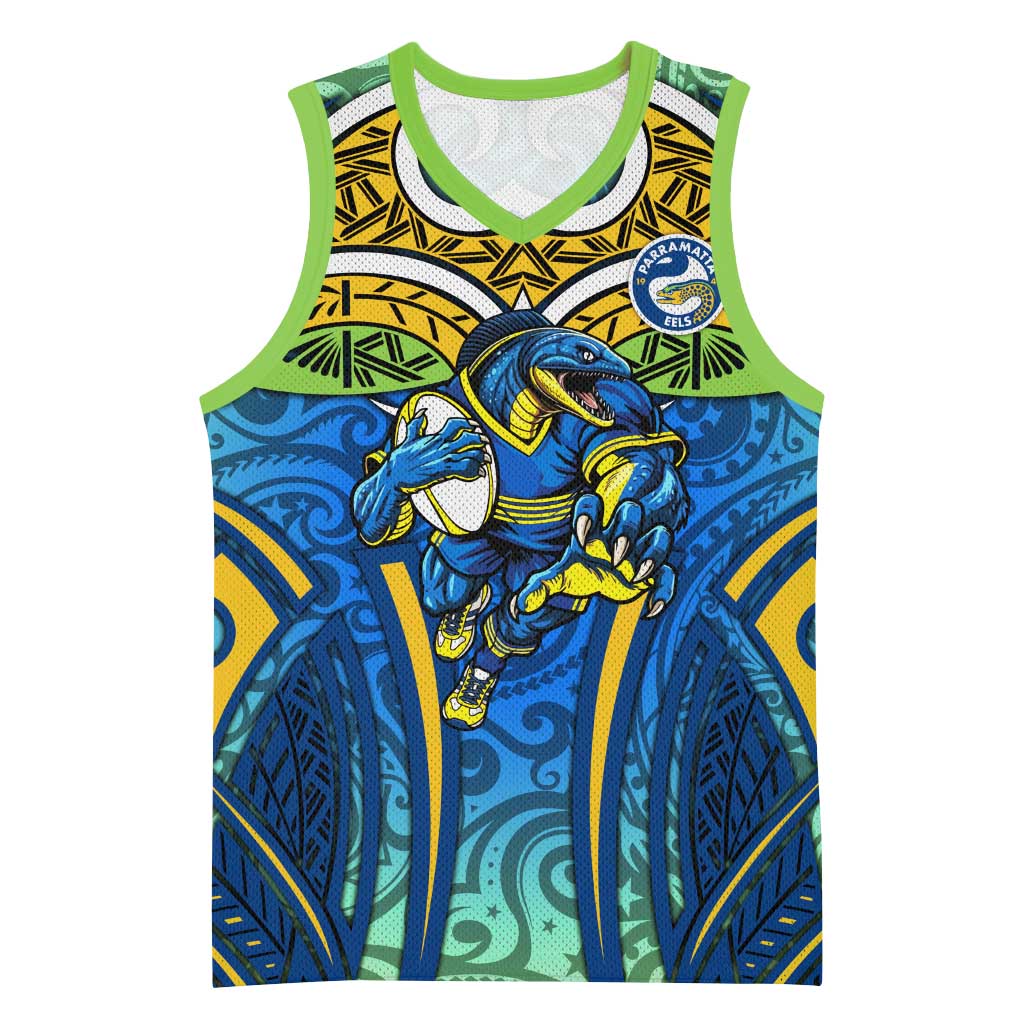 Parramatta Eels Rugby Basketball Jersey Polynesian Tribal Eel Warrior Blue Gold Pattern