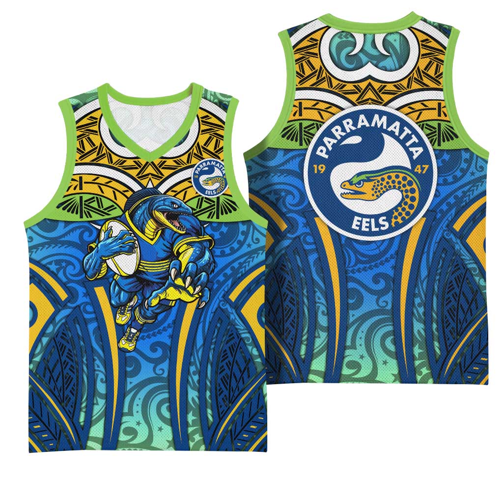 Parramatta Eels Rugby Basketball Jersey Polynesian Tribal Eel Warrior Blue Gold Pattern