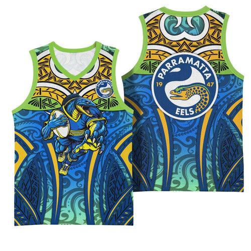 Parramatta Eels Rugby Basketball Jersey Polynesian Tribal Eel Warrior Blue Gold Pattern