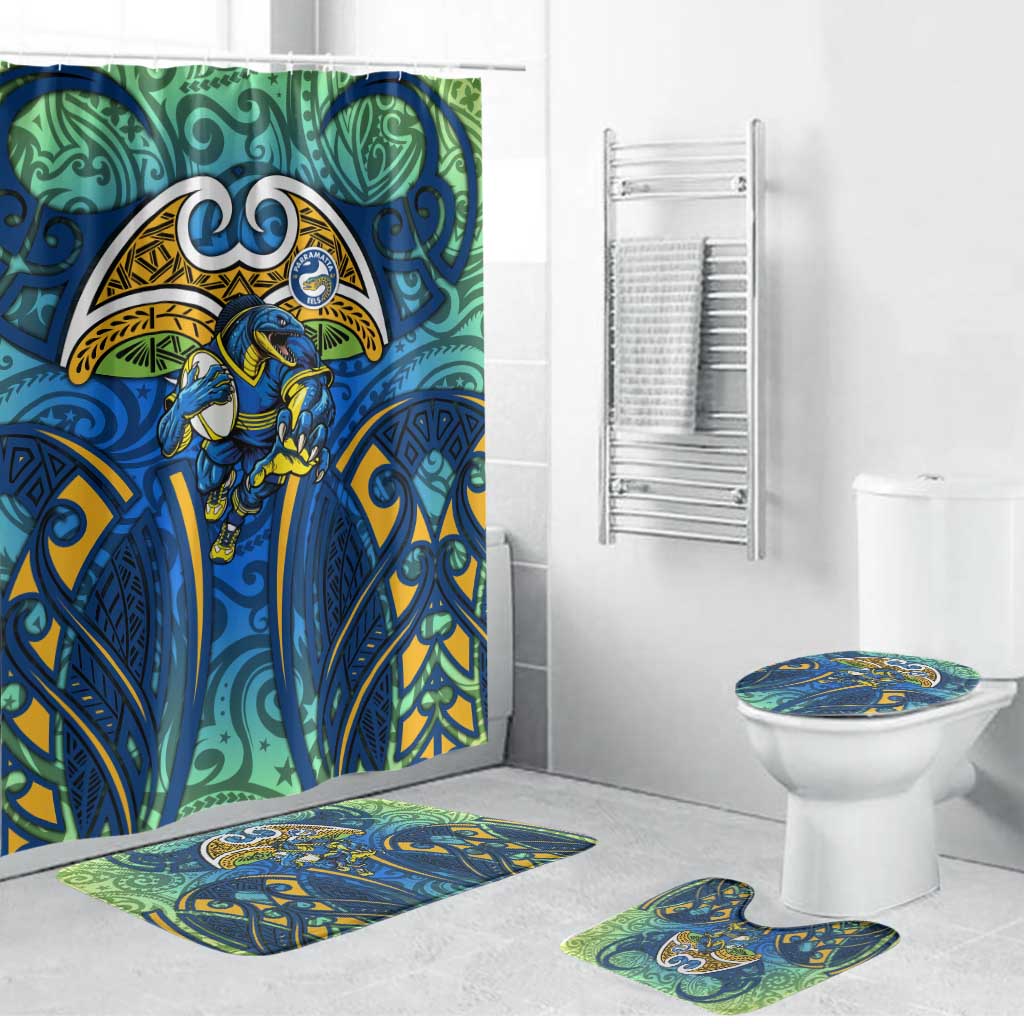 Parramatta Eels Rugby Bathroom Set Polynesian Tribal Eel Warrior Blue Gold Pattern