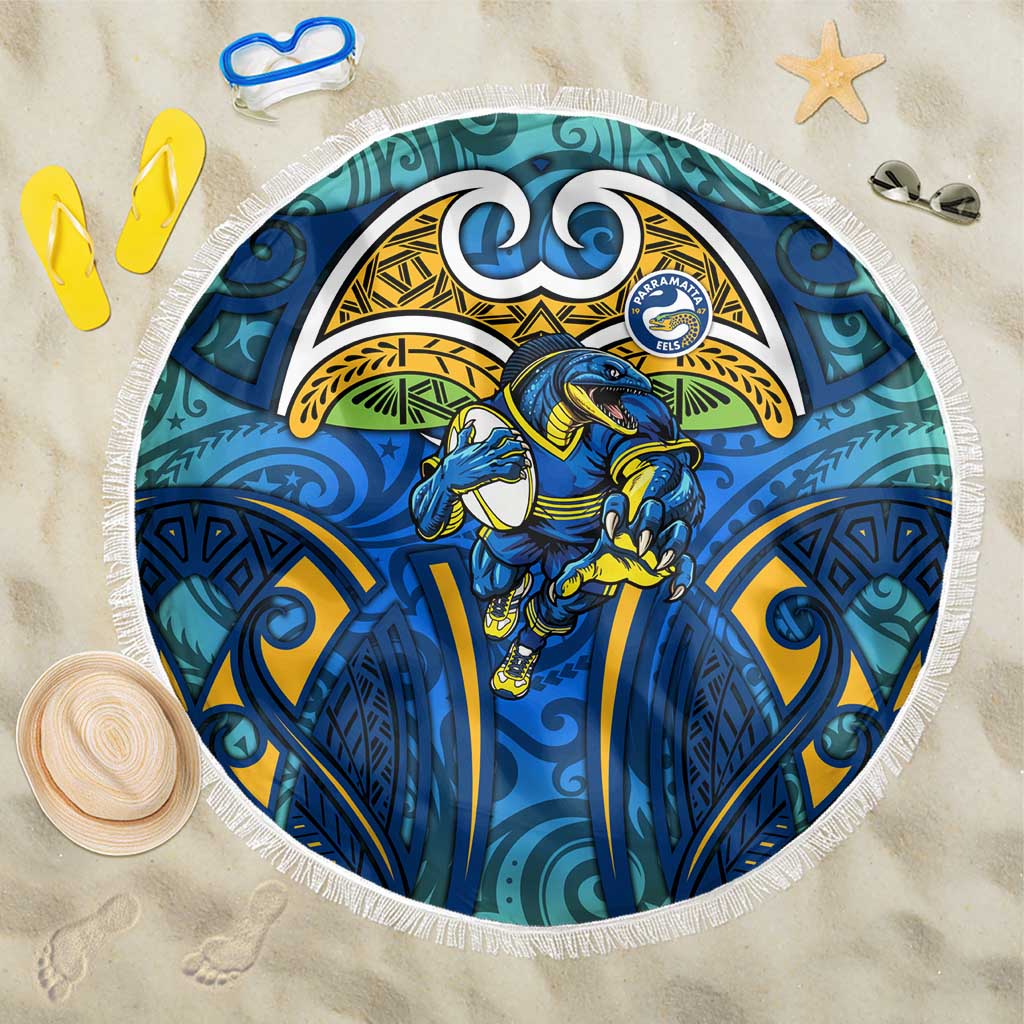 Parramatta Eels Rugby Beach Blanket Polynesian Tribal Eel Warrior Blue Gold Pattern