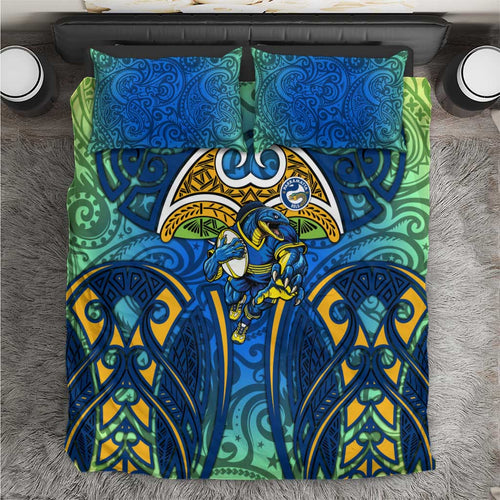 Parramatta Eels Rugby Bedding Set Polynesian Tribal Eel Warrior Blue Gold Pattern