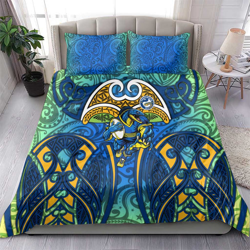 Parramatta Eels Rugby Bedding Set Polynesian Tribal Eel Warrior Blue Gold Pattern