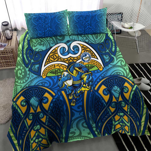 Parramatta Eels Rugby Bedding Set Polynesian Tribal Eel Warrior Blue Gold Pattern