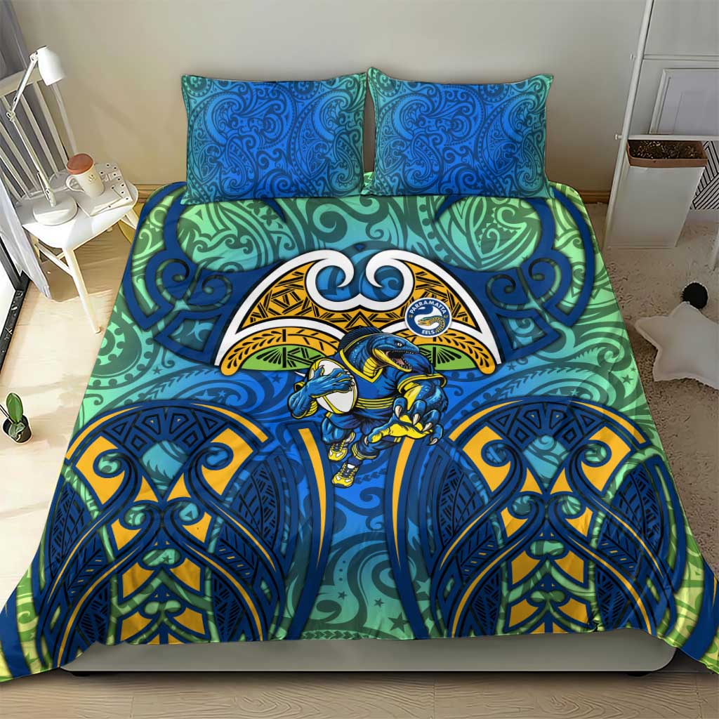 Parramatta Eels Rugby Bedding Set Polynesian Tribal Eel Warrior Blue Gold Pattern