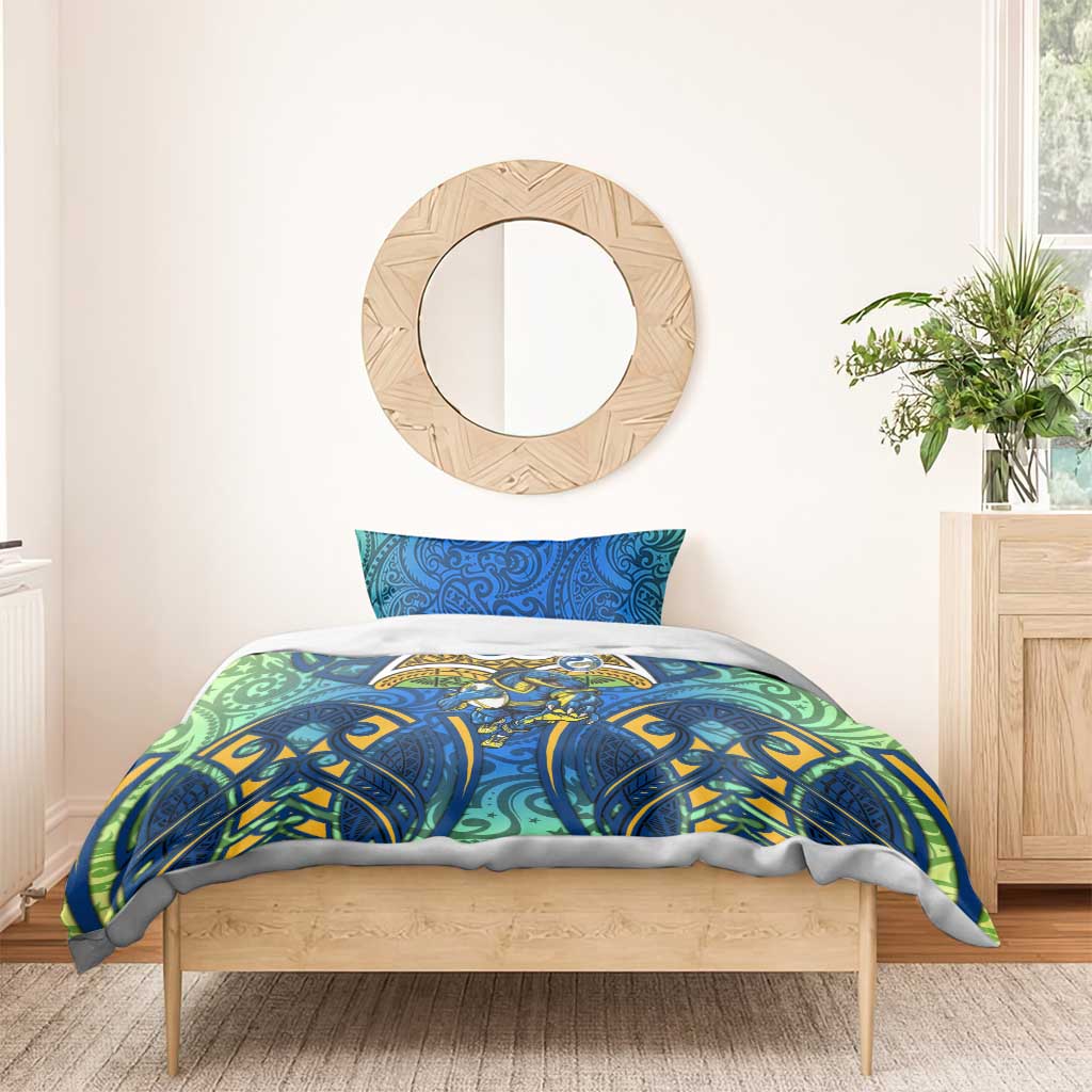 Parramatta Eels Rugby Bedding Set Polynesian Tribal Eel Warrior Blue Gold Pattern