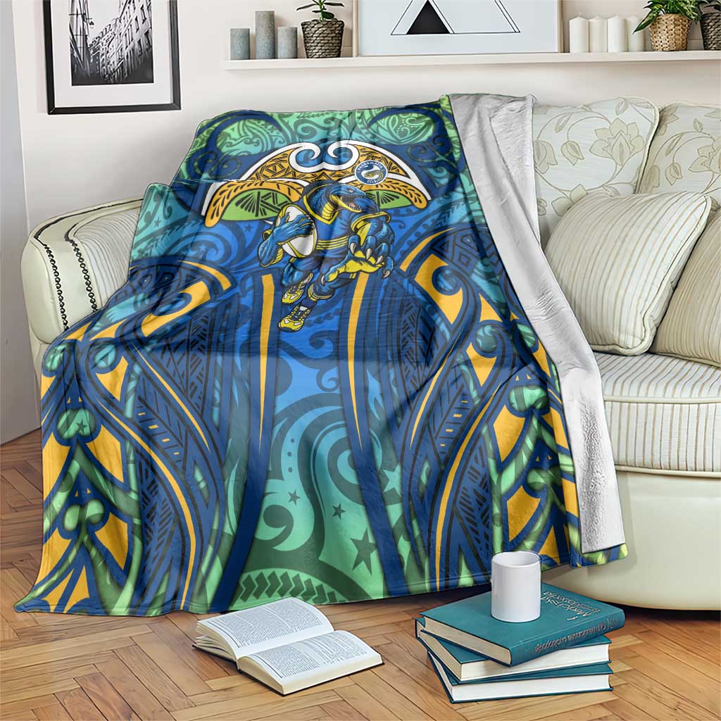 Parramatta Eels Rugby Blanket Polynesian Tribal Eel Warrior Blue Gold Pattern