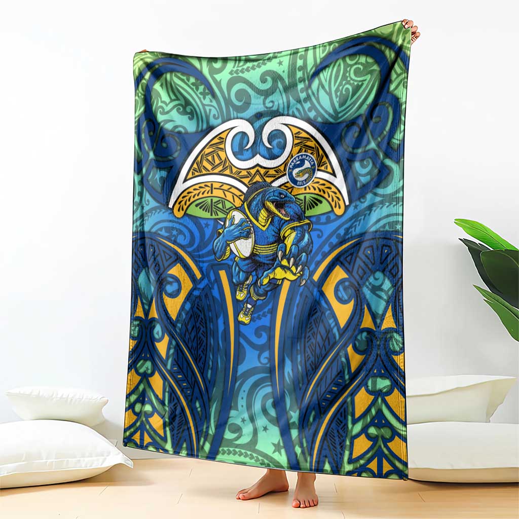 Parramatta Eels Rugby Blanket Polynesian Tribal Eel Warrior Blue Gold Pattern