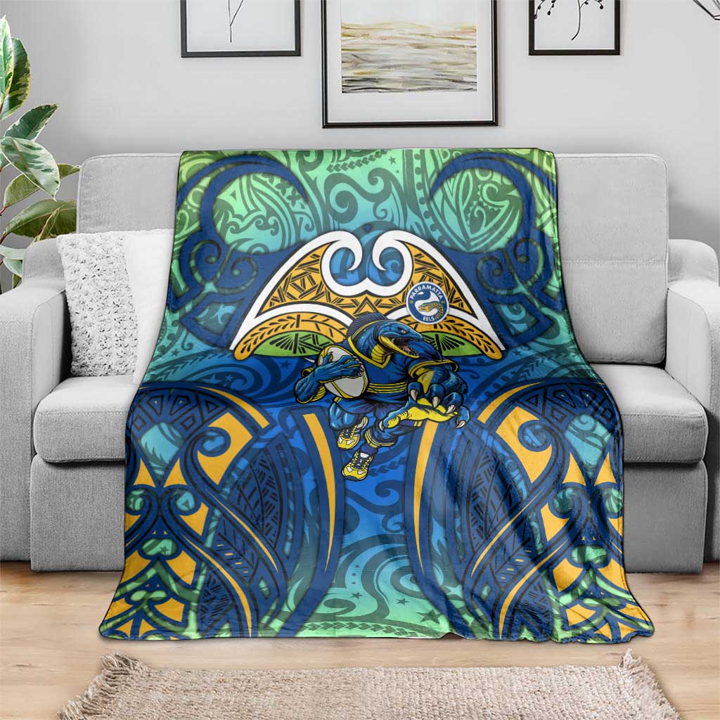 Parramatta Eels Rugby Blanket Polynesian Tribal Eel Warrior Blue Gold Pattern