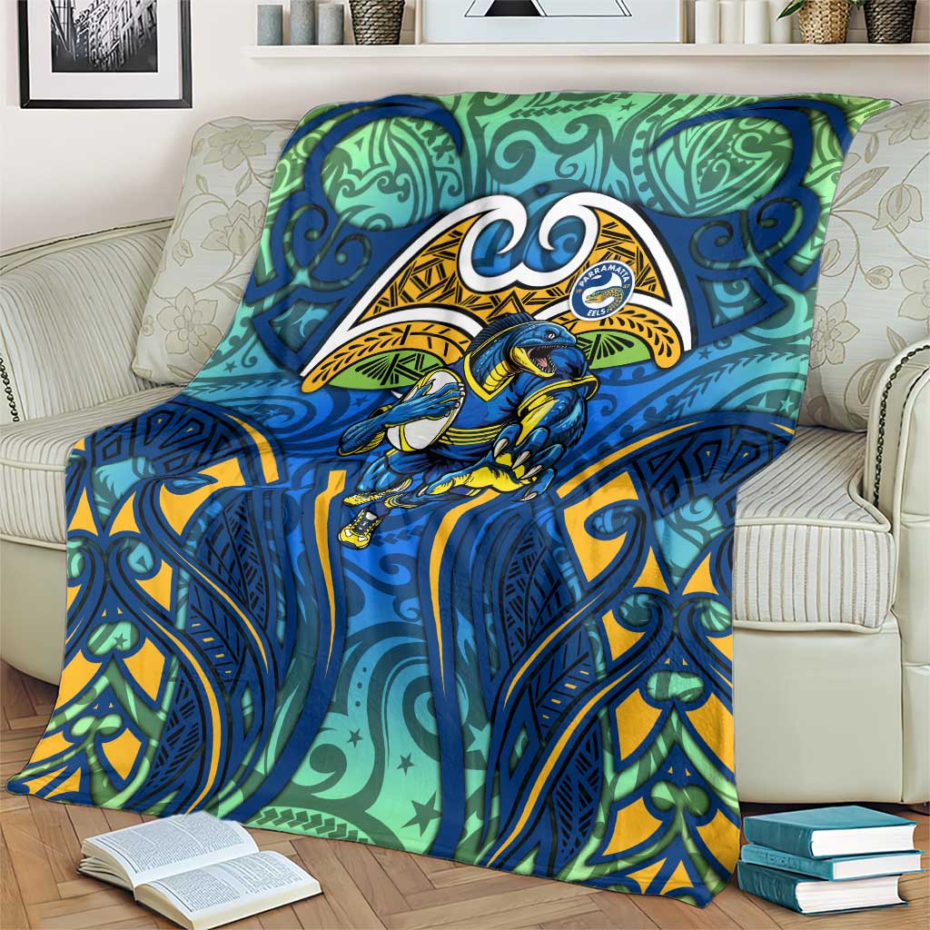 Parramatta Eels Rugby Blanket Polynesian Tribal Eel Warrior Blue Gold Pattern