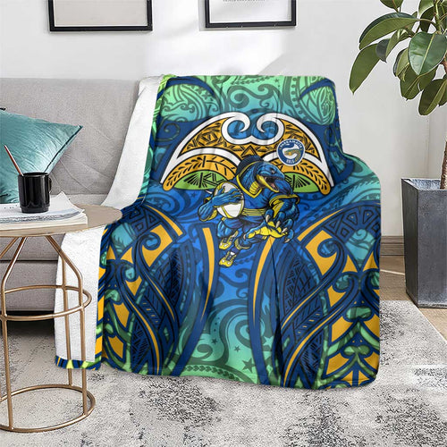 Parramatta Eels Rugby Blanket Polynesian Tribal Eel Warrior Blue Gold Pattern