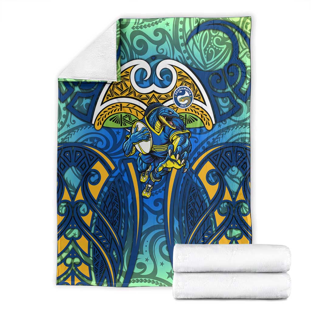 Parramatta Eels Rugby Blanket Polynesian Tribal Eel Warrior Blue Gold Pattern