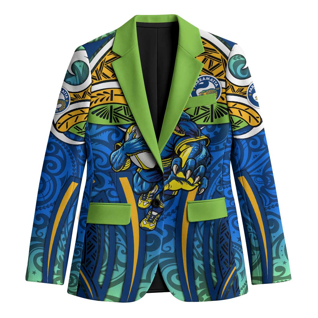 Parramatta Eels Rugby Blazer Polynesian Tribal Eel Warrior Blue Gold Pattern
