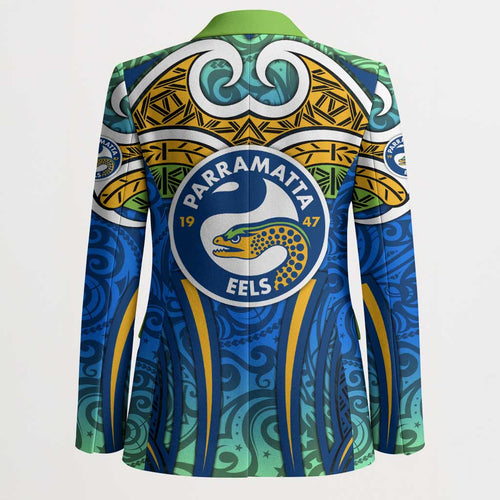 Parramatta Eels Rugby Blazer Polynesian Tribal Eel Warrior Blue Gold Pattern