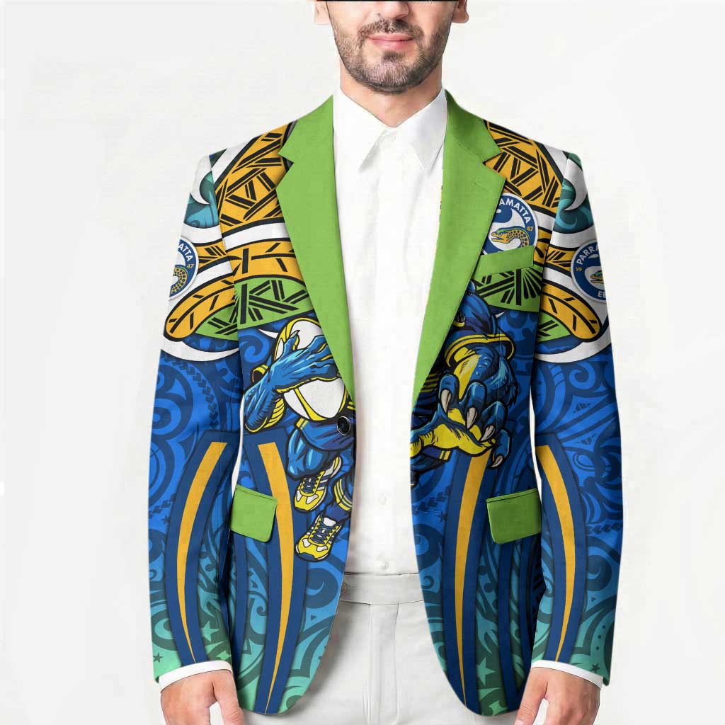 Parramatta Eels Rugby Blazer Polynesian Tribal Eel Warrior Blue Gold Pattern
