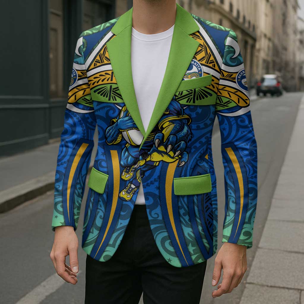 Parramatta Eels Rugby Blazer Polynesian Tribal Eel Warrior Blue Gold Pattern