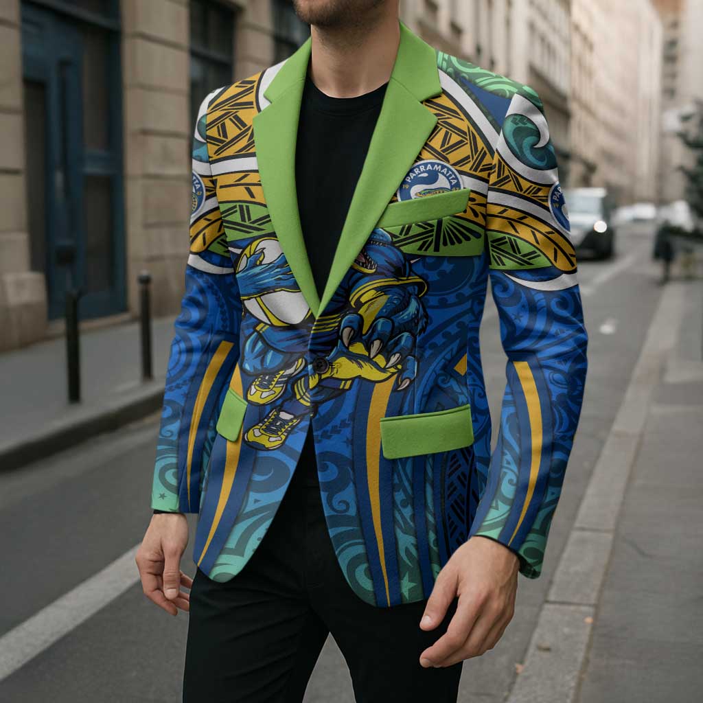 Parramatta Eels Rugby Blazer Polynesian Tribal Eel Warrior Blue Gold Pattern