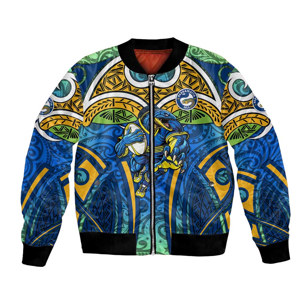 Parramatta Eels Rugby Bomber Jacket Polynesian Tribal Eel Warrior Blue Gold Pattern
