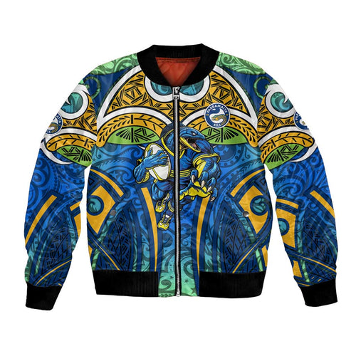 Parramatta Eels Rugby Bomber Jacket Polynesian Tribal Eel Warrior Blue Gold Pattern