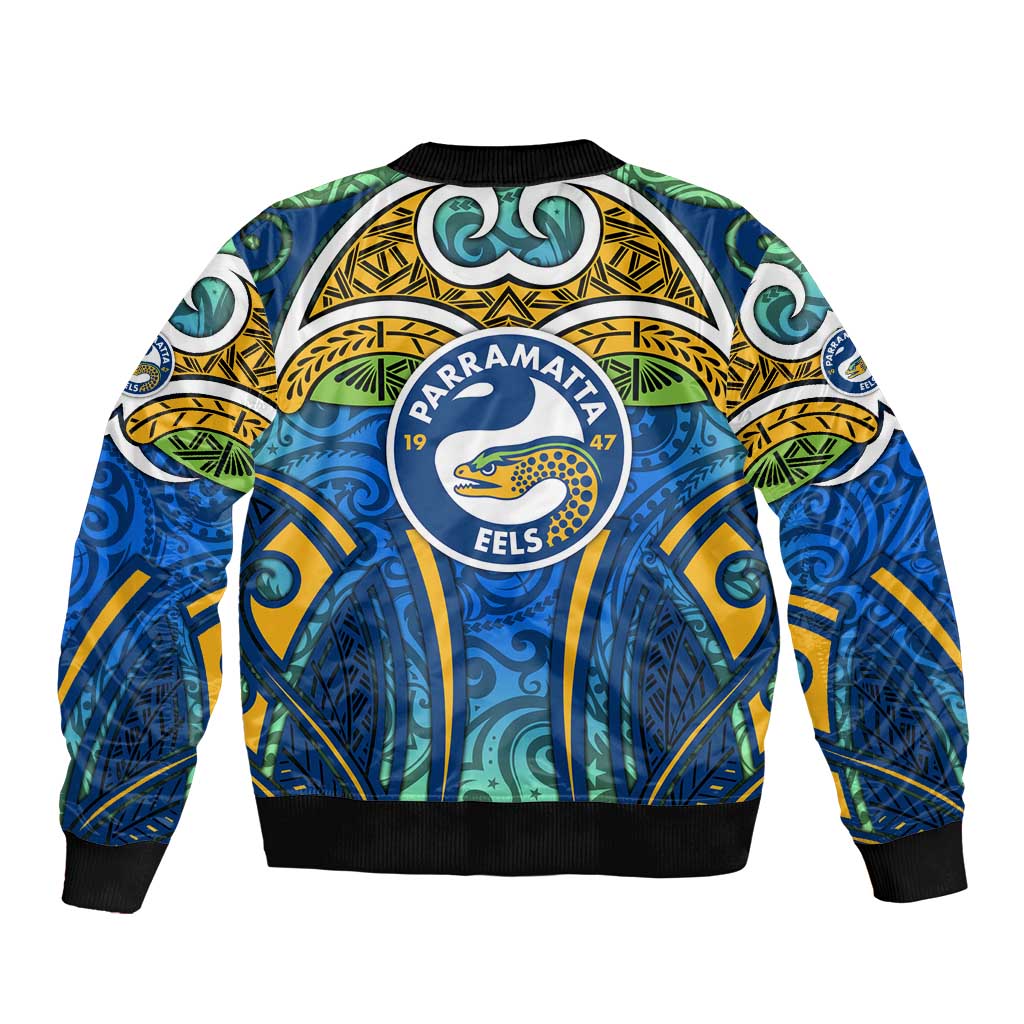 Parramatta Eels Rugby Bomber Jacket Polynesian Tribal Eel Warrior Blue Gold Pattern