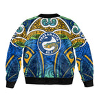 Parramatta Eels Rugby Bomber Jacket Polynesian Tribal Eel Warrior Blue Gold Pattern