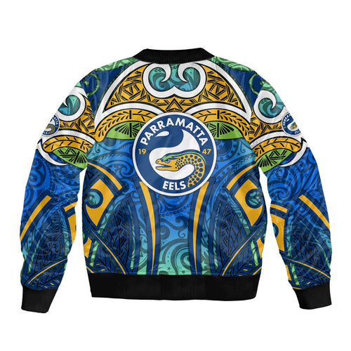 Parramatta Eels Rugby Bomber Jacket Polynesian Tribal Eel Warrior Blue Gold Pattern