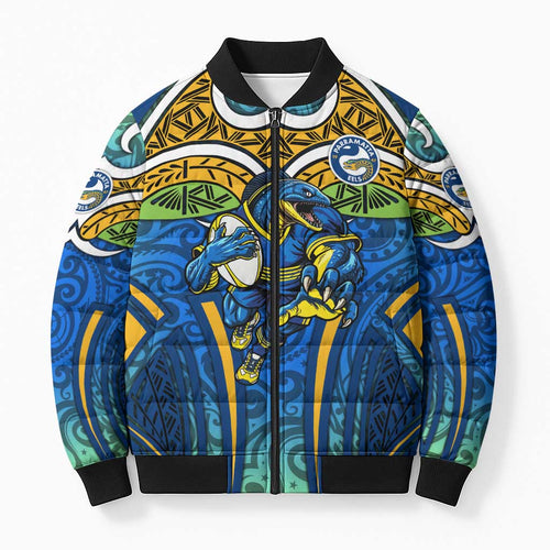 Parramatta Eels Rugby Bomber Puffer Jacket Polynesian Tribal Eel Warrior Blue Gold Pattern
