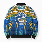 Parramatta Eels Rugby Bomber Puffer Jacket Polynesian Tribal Eel Warrior Blue Gold Pattern