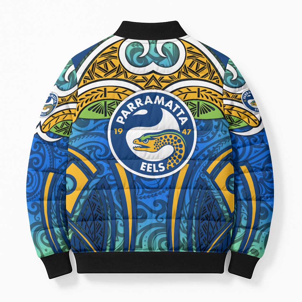 Parramatta Eels Rugby Bomber Puffer Jacket Polynesian Tribal Eel Warrior Blue Gold Pattern