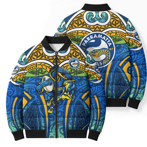 Parramatta Eels Rugby Bomber Puffer Jacket Polynesian Tribal Eel Warrior Blue Gold Pattern