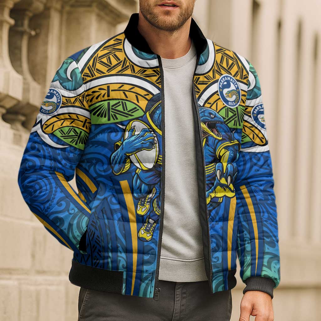 Parramatta Eels Rugby Bomber Puffer Jacket Polynesian Tribal Eel Warrior Blue Gold Pattern