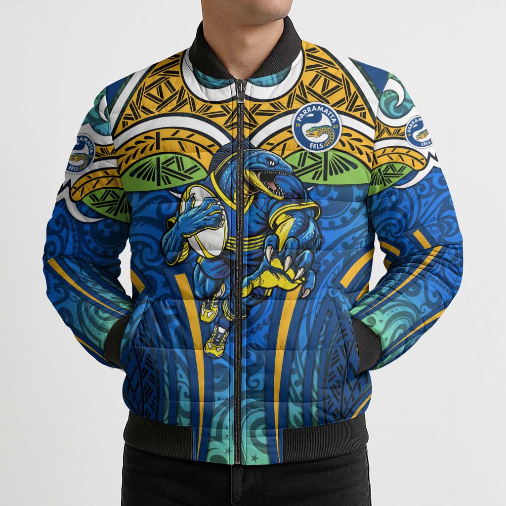 Parramatta Eels Rugby Bomber Puffer Jacket Polynesian Tribal Eel Warrior Blue Gold Pattern
