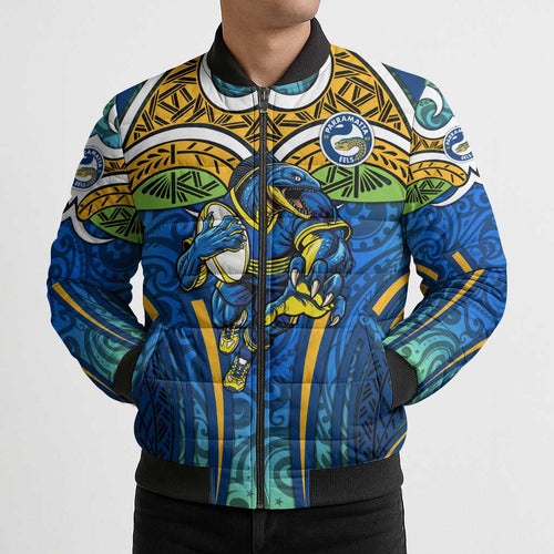 Parramatta Eels Rugby Bomber Puffer Jacket Polynesian Tribal Eel Warrior Blue Gold Pattern