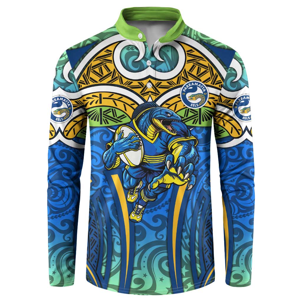Parramatta Eels Rugby Button Sweatshirt Polynesian Tribal Eel Warrior Blue Gold Pattern
