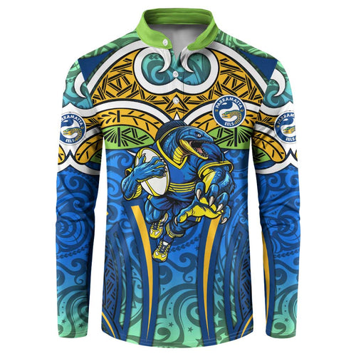 Parramatta Eels Rugby Button Sweatshirt Polynesian Tribal Eel Warrior Blue Gold Pattern